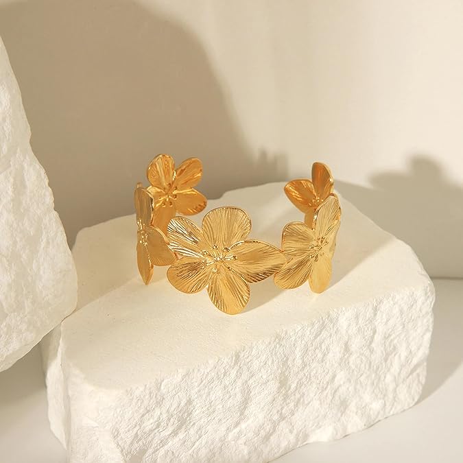 Wide Cuff Chunky Gold Bracelets - Gold Cuff & Flower Bracelets in Stainless Steel