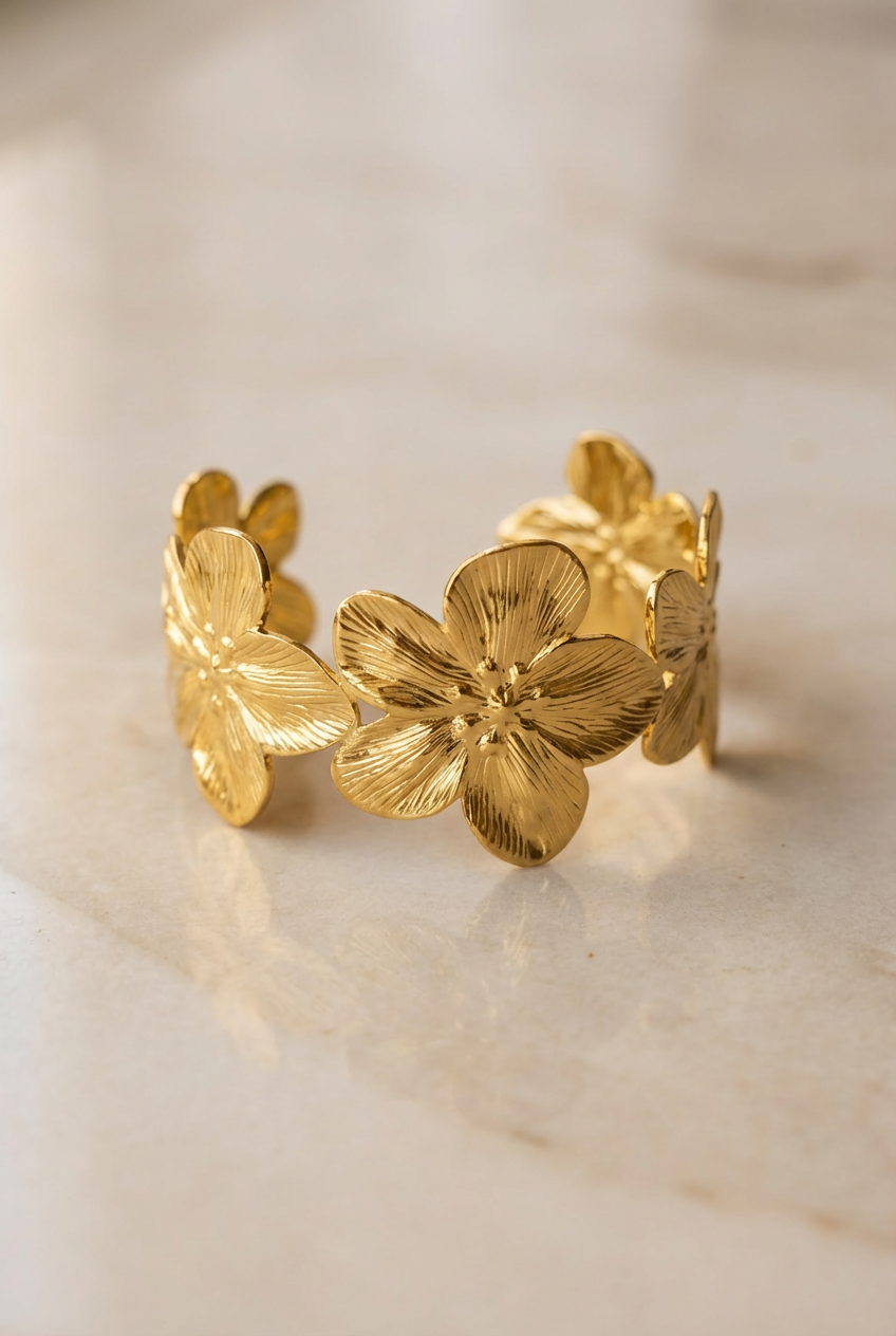 Woman wearing bloom petal gold statement cuff - waterproof stainless steel jewellery South Africa