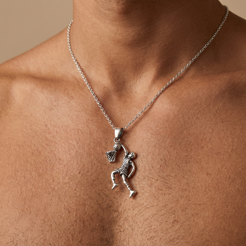 Man wearing basketball player silver necklace - waterproof stainless steel jewellery South Africa
