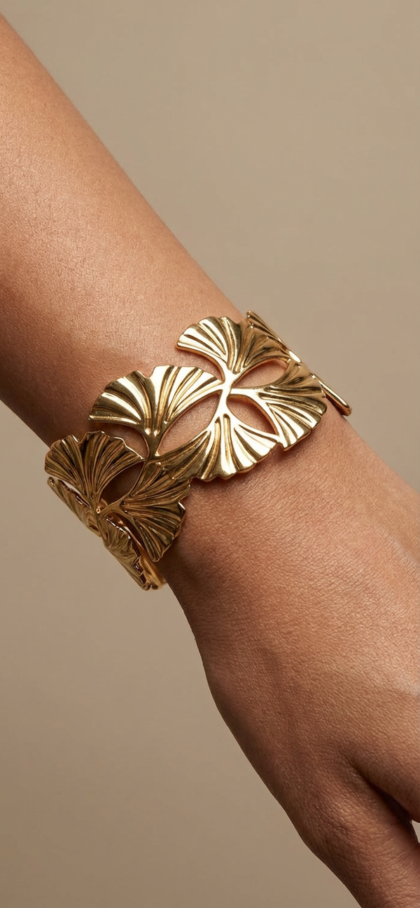 Ginkgo Leaf Gold Stainless Steel Statement Cuff