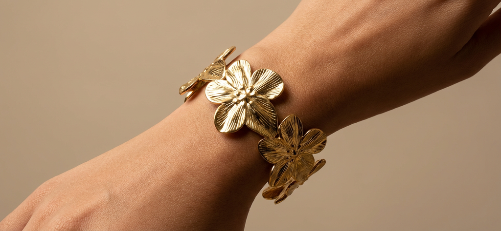 Bloom petal gold stainless steel statement cuff - waterproof and tarnish-resistant luxury bracelet