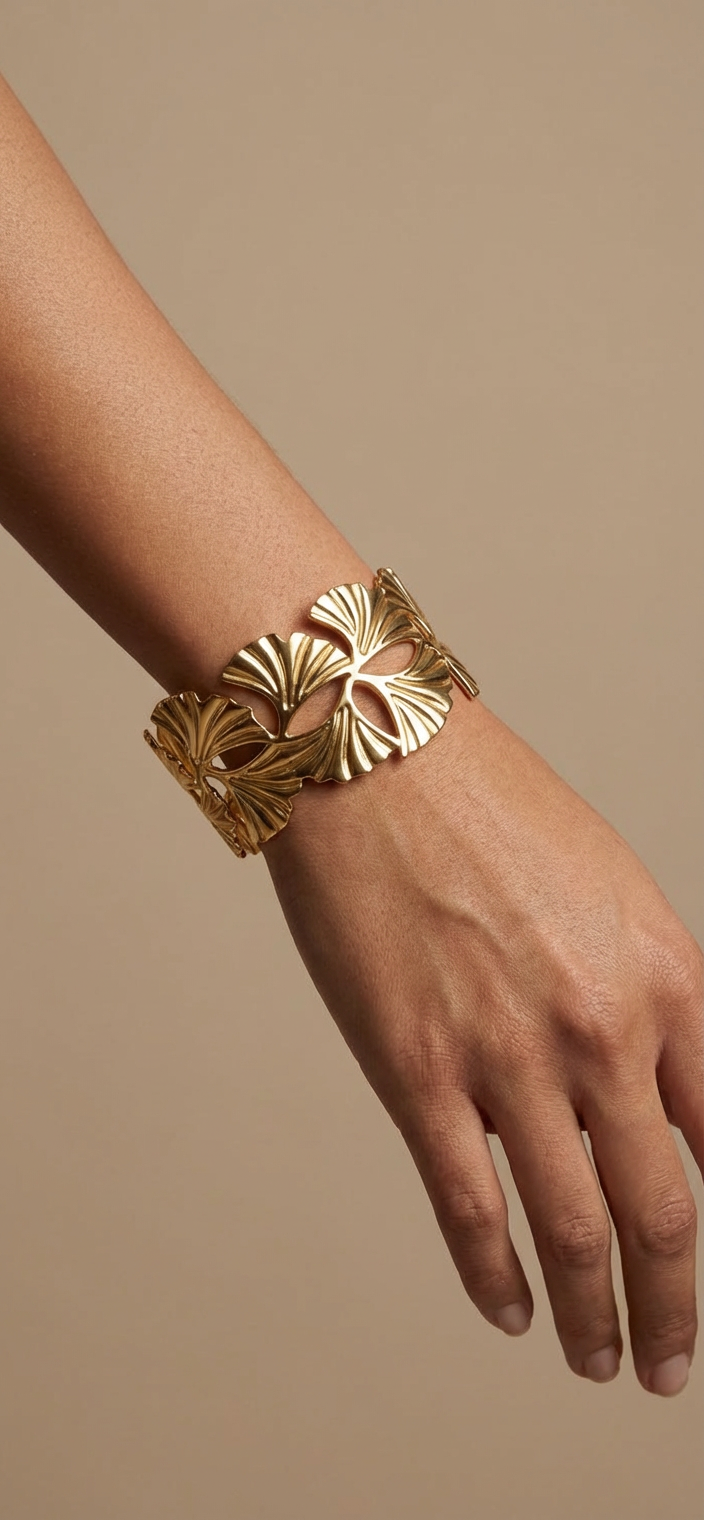 Ginkgo leaf cuff detail - hypoallergenic gold stainless steel botanical design