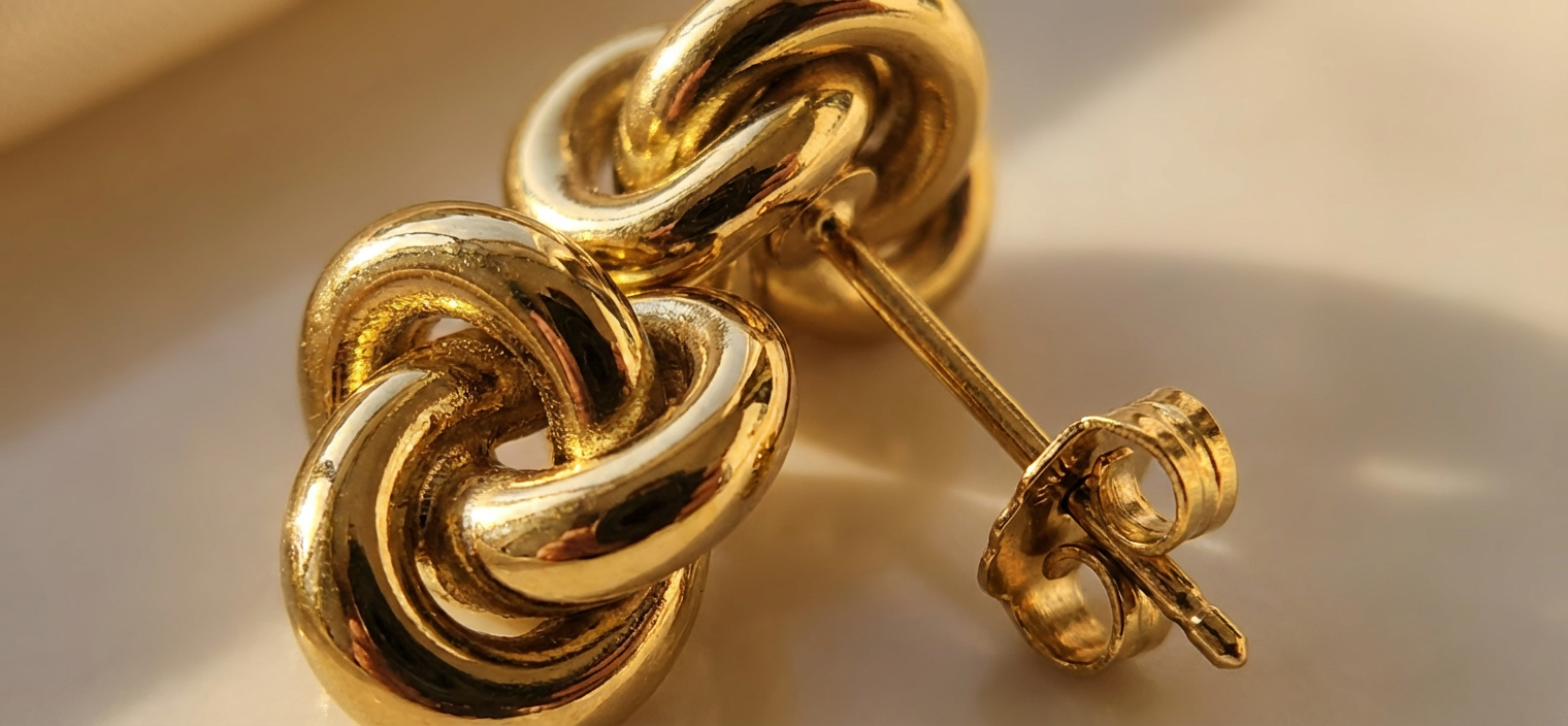 Knot stud earring detail - tarnish-resistant gold stainless steel minimalist design