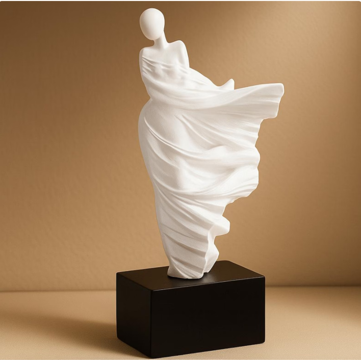 Abstract white resin sculpture flowing draped figure on black pedestal | modern home décor statement piece | ULAD CO South Africa
