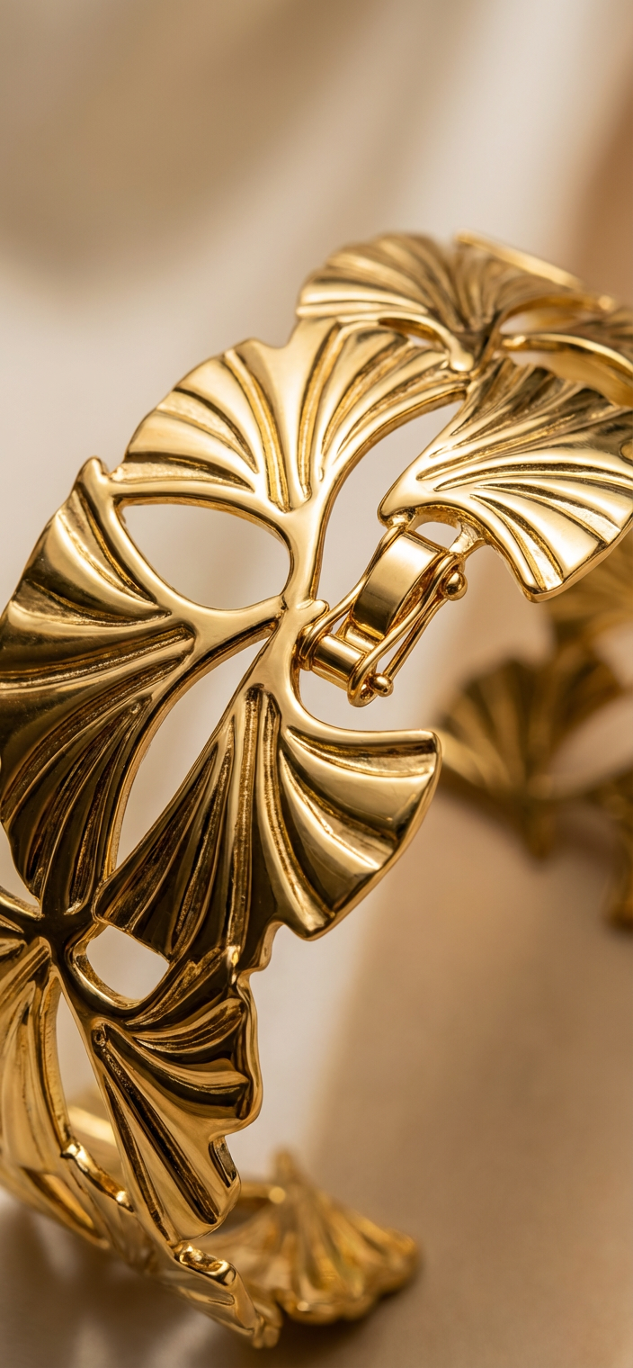 Woman wearing ginkgo leaf gold statement cuff - waterproof stainless steel jewellery South Africa