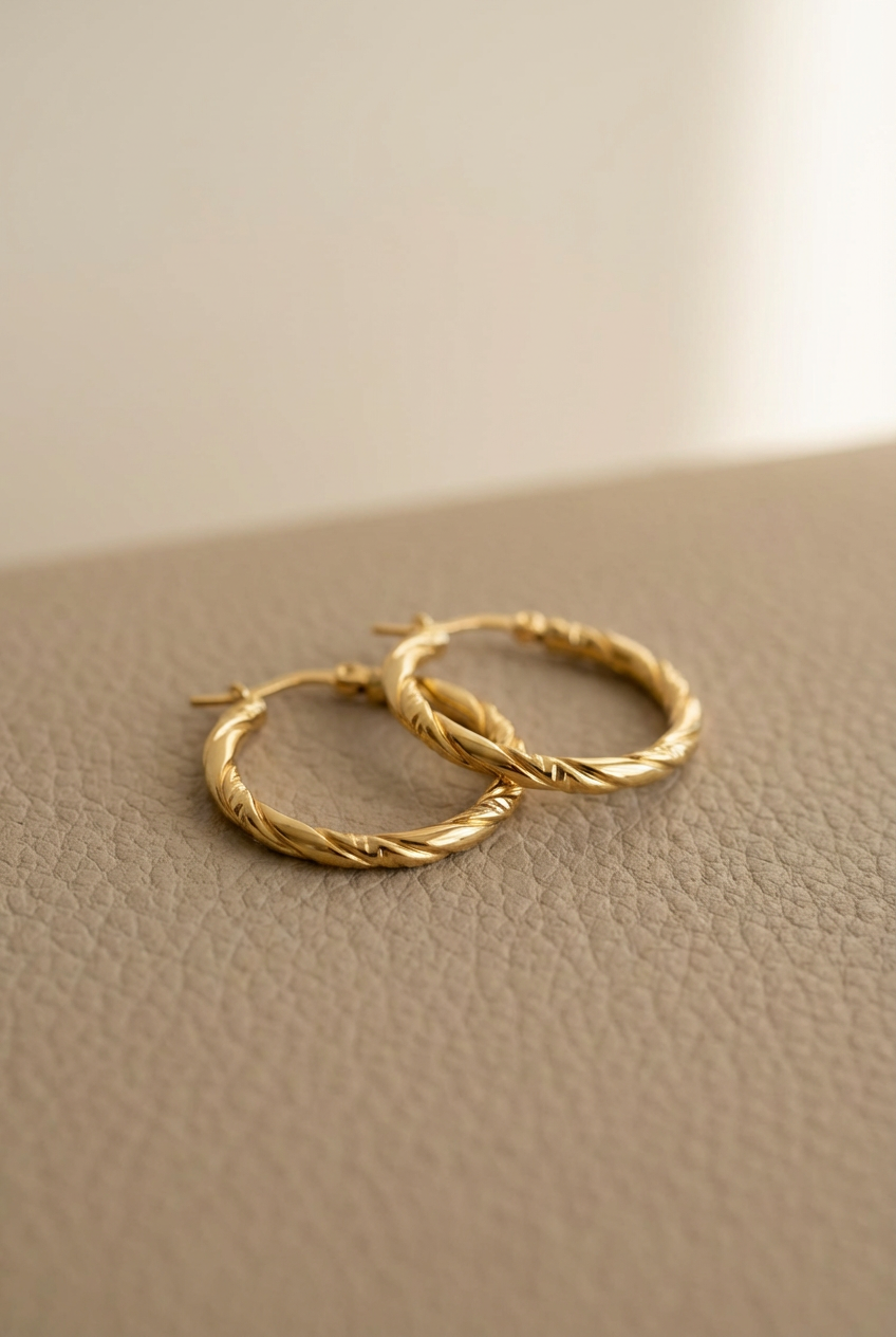 Twisted hoop earring detail - tarnish-resistant gold stainless steel design
