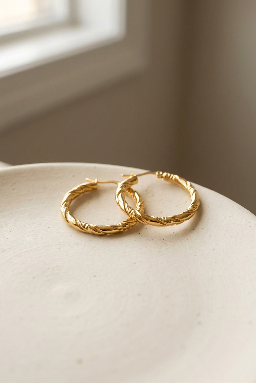 Woman wearing twisted gold hoop earrings - waterproof stainless steel jewellery South Africa