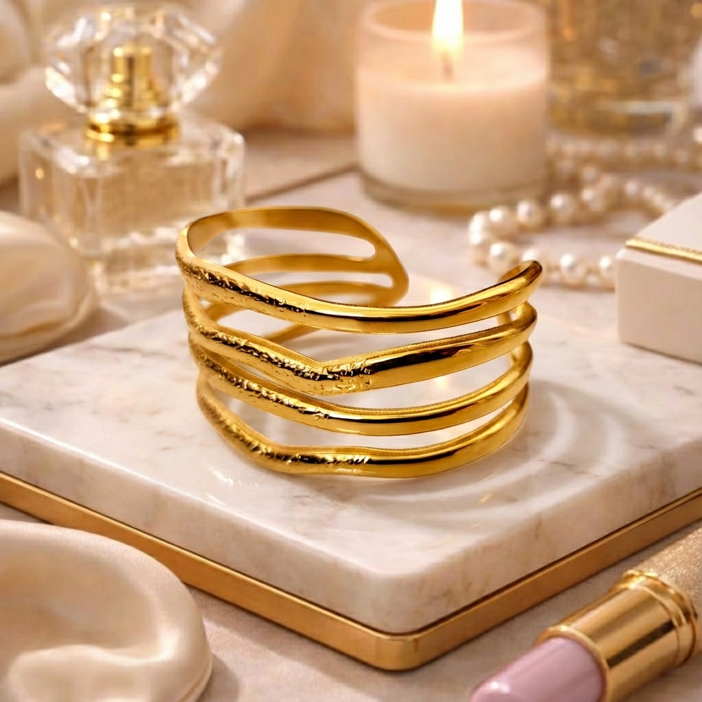 Fluid Wave Gold Stainless Steel Cuff