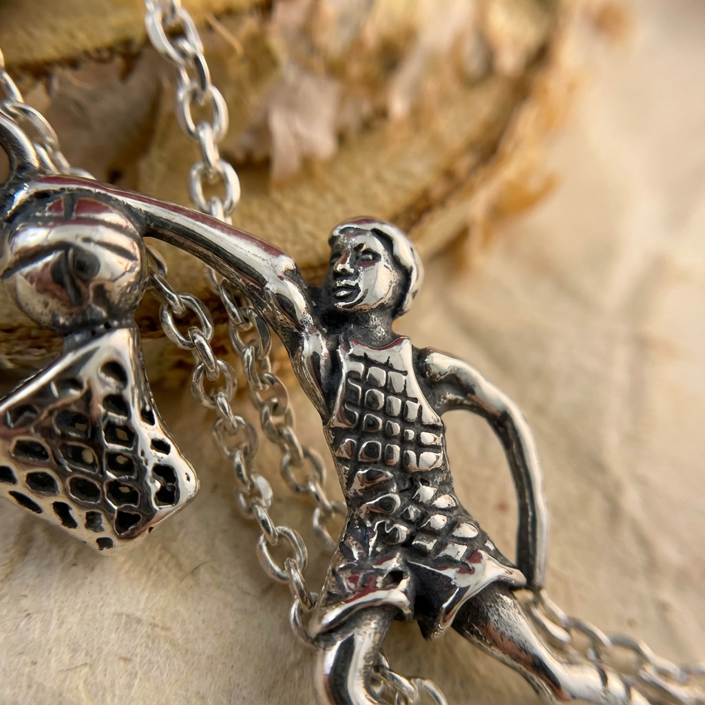 Basketball player pendant detail - hypoallergenic silver stainless steel charm